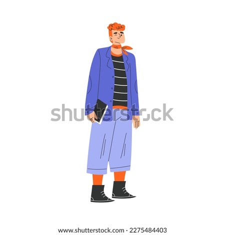 Typical French Man Character in Blue Jacket Standing and Winking Vector Illustration