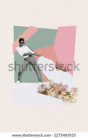 Photo cartoon comics sketch collage picture of lady guy dragging huge flowers bunch isolated drawing background
