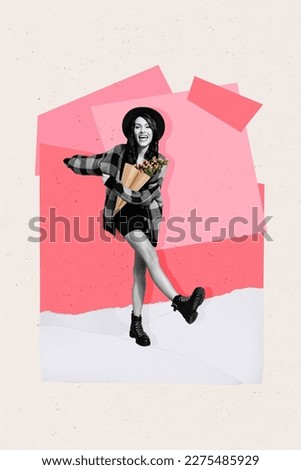 Creative abstract template graphics collage image of carefree lady getting 14 february present dancing isolated drawing background