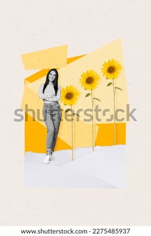 Photo collage artwork minimal picture of smiling lady growing big sunflowers isolated drawing background