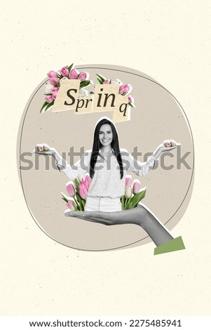 Creative retro 3d magazine collage image of happy smiling lady rising hands flowers isolated painting background