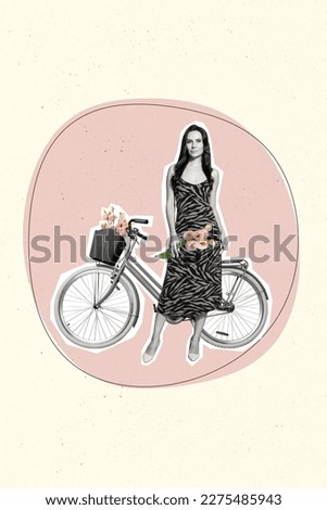 Exclusive magazine picture sketch collage image of lady holding flowers enjoying rising bike isolated painting background