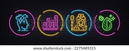 Graph chart, Stress and Nurse minimal line icons. Neon laser 3d lights. Dirty water icons. For web, application, printing. Growth report, Mind anxiety, Swab test. Aqua drop. Vector