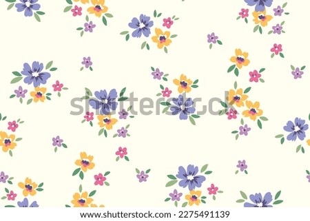 Seamless floral pattern, rustic ditsy print with cute spring botany in liberty arrangement. Pretty botanical design: small hand drawn flowers buds, tiny leaves on white background. Vector illustration Royalty-Free Stock Photo #2275491139