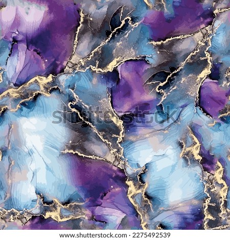 Gold leaf seamless marble pattern with blue and purple watercolor background. Abstract marble vector design. Beautiful backdrop for prints Royalty-Free Stock Photo #2275492539