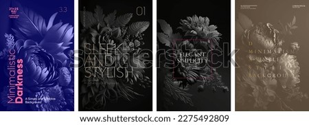 Black floral backgrounds. Dark tones. Set of vector illustrations. Typography design and vectorized 3D illustrations on the background.