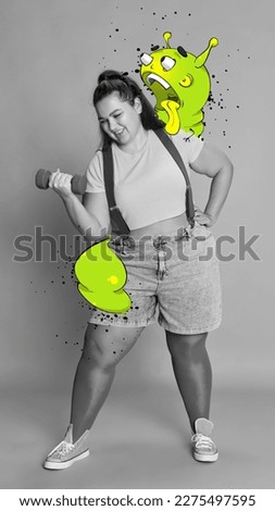 Contemporary art collage. Black and white image of overweight woman doing sports with colorful cartoon style character on shoulder. Concept of surrealism, inner world, imagination and creativity