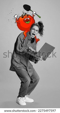 Contemporary art collage. Black and white image of young girl, student with laptop with colorful cartoon style tomato character showing fear. Concept of surrealism, imagination and creativity