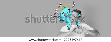 Contemporary art collage. Black and white image of happy young man in love. Colorful cartoon style character on shoulders. Surrealism, inner world, hidden thoughts, imagination and creativity concept