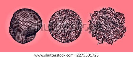 Distorted spheres and blobs made of mesh.  Set of abstract vector 3D shapes for cover or poster design. 