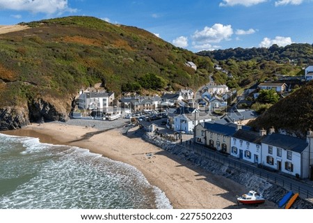 Llangrannog is a small, picturesque coastal village and seaside resort in Ceredigion, seven miles south of New Quay. Viewed from the Wales Coast Path. Royalty-Free Stock Photo #2275502203