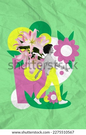 Vertical collage image of positive mini girl black white colors walking fresh big flowers isolated on painted background