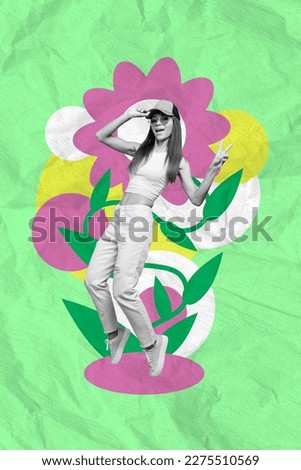 Exclusive magazine picture sketch collage image of excited lady having fun showing v-sing isolated painting background