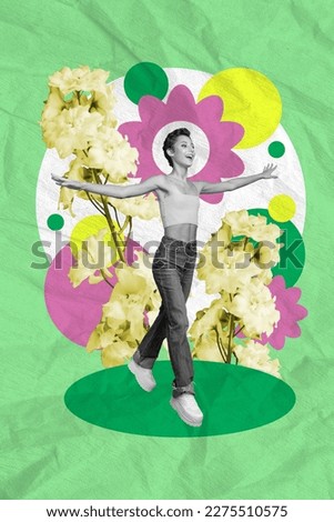 Vertical collage image of excited black white gamma girl raise hands enjoy fresh spring flowers isolated on creative background