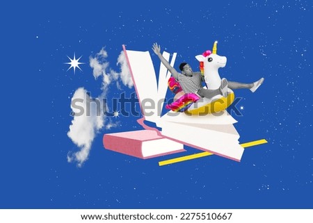 Collage picture of excited black white colors mini guy sit ride inflatable unicorn toy huge opened book isolated on blue night sky background