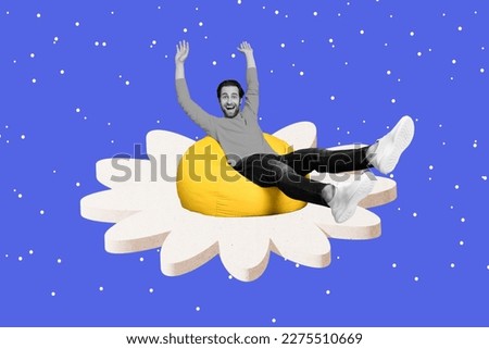 Collage portrait of black white gamma mini guy sit big beanbag daisy flower isolated on blue night sky background
