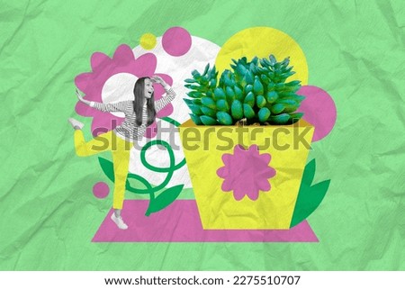 Photo sketch graphics collage artwork picture of excited lady growing big huge cactus pot isolated drawing background