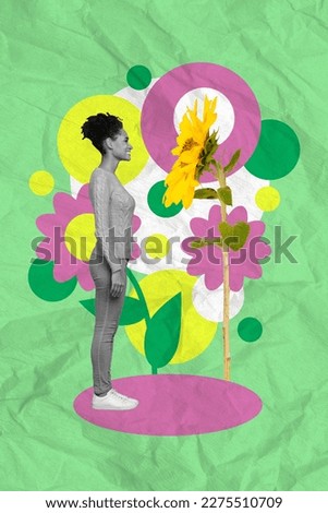 3d retro abstract creative artwork template collage of happy smiling lady looking growing big flower isolated painting background