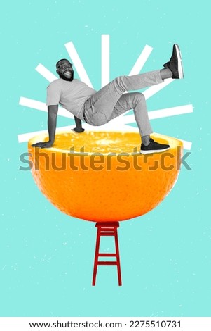 Vertical collage picture of mini black white effect overjoyed guy breakdance huge half orange fruit little chair isolated on creative background