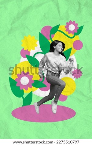 Vertical collage portrait of excited active black white colors girl running isolated on drawing flowers background