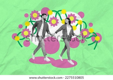 Creative collage portrait of two idyllic black white effect partners hold arms walking isolated on drawing flowers background