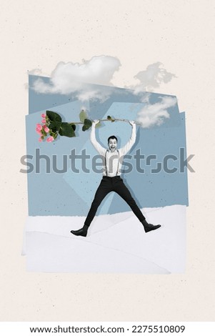 Artwork magazine collage picture of funny funky excited guy rising flowers jumping having fun isolated drawing background