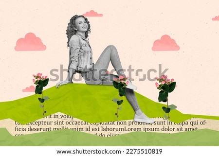 Creative collage picture of black white colors positive nice girl sit green flower field drawing clouds sky piece book page text