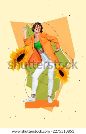 Vertical collage picture of positive excited girl have fun dancing partying big sunflowers isolated on drawing background