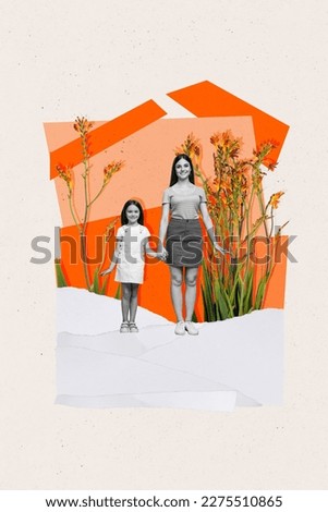 Collage 3d image of pinup pop retro sketch of charming mom daughter walking growing flowers isolated painting background