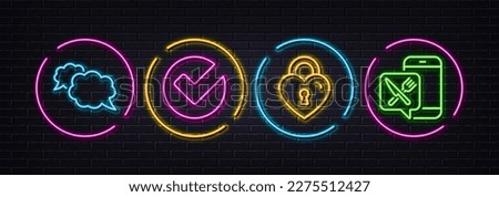 Messenger, Verify and Love lock minimal line icons. Neon laser 3d lights. Food app icons. For web, application, printing. Speech bubble, Selected choice, Bridge locker. Meal order. Vector
