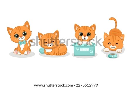 Set of cute cats in different poses in cartoon style.Sleeping cute red kitten.Funny ginger kitten.Vector illustration