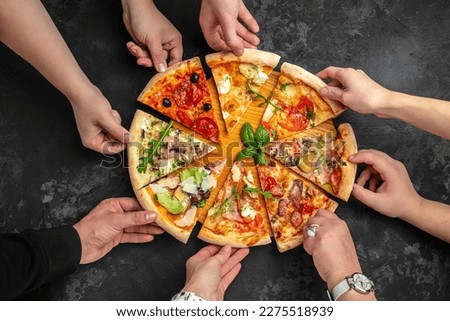 slices of pizza with different toppings, a hand holding a piece of pizza on a dark background, Restaurant menu, dieting, cookbook recipe top view,