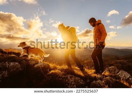 couple of two mountaineers with their adopted dog on a mountain route at sunset. Traveling and playing sports with pets. outdoor activities and adventure. Royalty-Free Stock Photo #2275525637