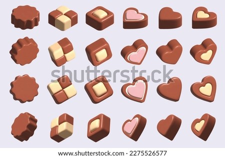 Collection of chocolates. 3d illustration of various shapes and types of chocolates, truffle and praline. Chocolate clip art on a white background. 3D design illustration