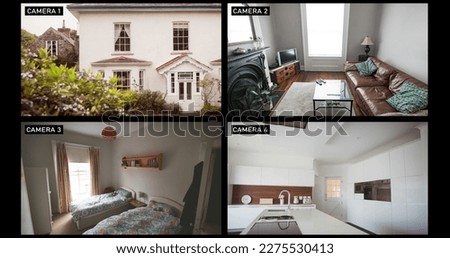 Composition of four camera screens with house and house interiors. Security camera, surveillance and property concept digitally generated image.
