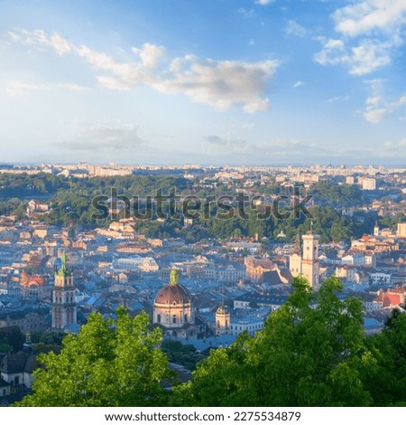 Morning central part of Lviv City (Ukraine) panorama from "High Castle" Hill (in flank sun rays)