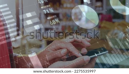 Image of statistics and data processing over woman using smartphone. global business, data processing and technology concept digitally generated image.