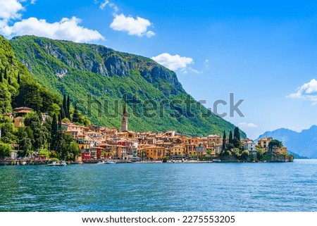 Beautiful Varena village on Lake Como riviera in Lombardy, Italy; old village on the shores of lake Como by the mountain Royalty-Free Stock Photo #2275553205
