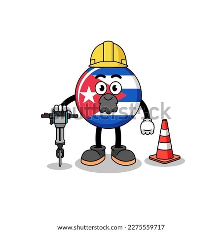 Character cartoon of cuba flag working on road construction , character design