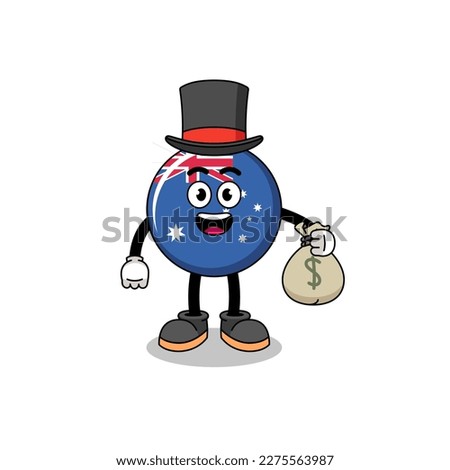 australia flag mascot illustration rich man holding a money sack , character design
