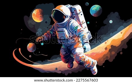 Astronaut explores space being desert planet. Astronaut space suit performing extra cosmic activity space against stars and planets background. Human space flight. Modern vector illustration Royalty-Free Stock Photo #2275567603