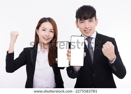  Business man and woman showing the smartphone with white screen
