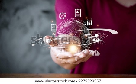 Businessman hand holding global network connection with social media icon concept. virtual Global Internet connection metaverse. application technology and digital marketing, Financial and banking.