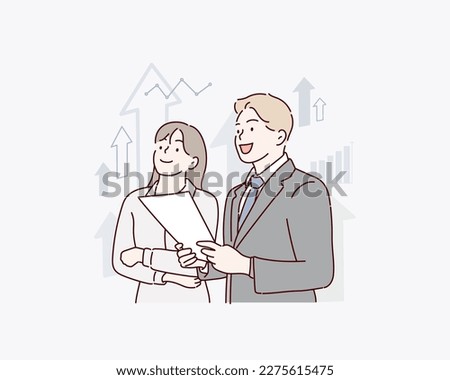 The business man and woman standing. Hand drawn style vector design illustrations.
