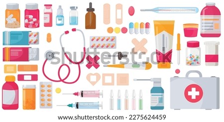 Vector cartoon image of medical supplies. The concept of healthcare, treatment and recovery. Hospital elements for your design.