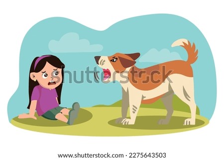 
little girl scared of angry dog, dangerous animals attack vector illustration. Cartoon scared kid sitting on lawn or meadow grass, big dog growling and barking. Royalty-Free Stock Photo #2275643503