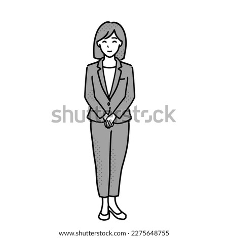 Illustration of a woman in a suit with her hands folded in front of her.  monochrome full body