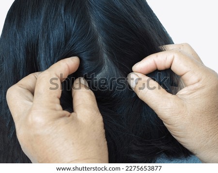 Mother find lice, cleaning the hair on the head by hands. Lice removal product concept. Closeup photo, blurred.