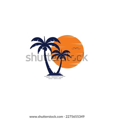 Coconut palm tree and sunset icon vector graphics