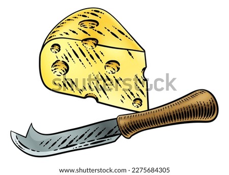 A wedge of Swiss cheese and knife in a vintage woodcut etching style